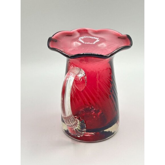 Midcentury Modern Hand Blown Cranberry Glass Miniature Flower Pitcher Vase - Picture 3 of 8